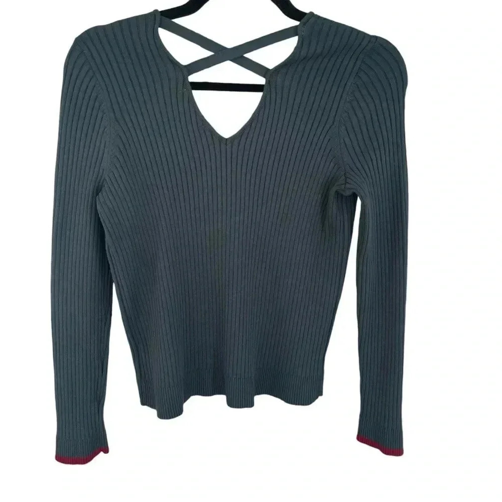 Skies Are Blue Green Cross Back Ribbed Sweater V Neck - Picture 2 of 5